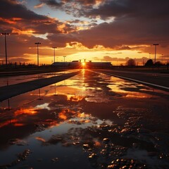Sky over airport with sunset and clouds on the runway