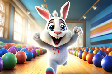 happy cartoon easter bunny running on a path between bowling balls, easter eggs - obrazy, fototapety, plakaty