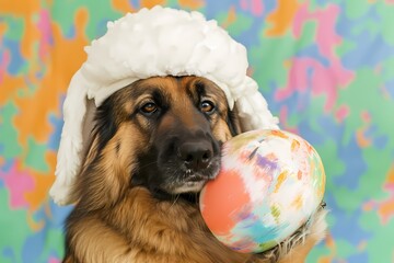 cute dog wearing wearing white knitted hat on colorful background