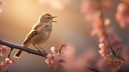bird singing in the breeze on blooming tree