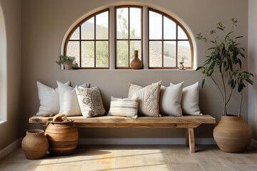 Boho farmhouse home interior design of modern living room. Rustic wooden bench with pillows.