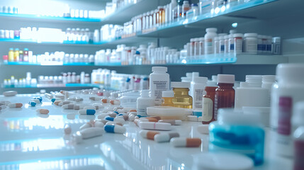 Pharmacy Drugstore blurred background, medical pills and bottles on the table, Health concept - obrazy, fototapety, plakaty