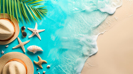 Tropical Beach Holiday Accessories Background. - obrazy, fototapety, plakaty