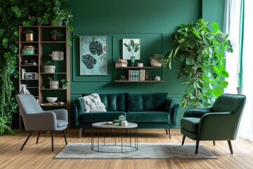 Green sofa and chair against green wall with book shelf. Scandinavian home interior design of modern living room with greenery