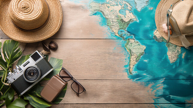 Vintage Travel Adventure Flat Lay Background on Wooden Texture.