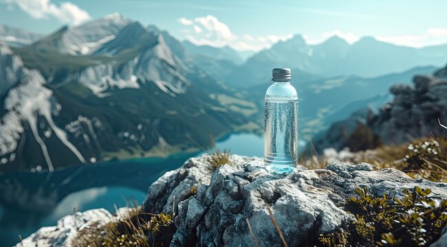 The simple pleasure of a bottle of water amidst the breathtaking scenery of mountain landscapes, providing refreshment during hikes.