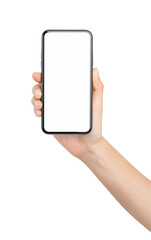 Hand holding the black smartphone with mockup of blank screen on isolated white background.