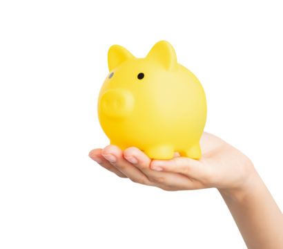 Hand holding yellow piggy bank for saving money on background.