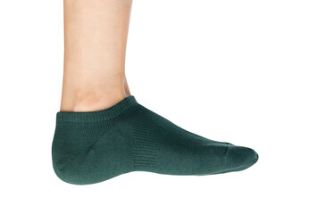Woman wearing green socks on isolated white background.