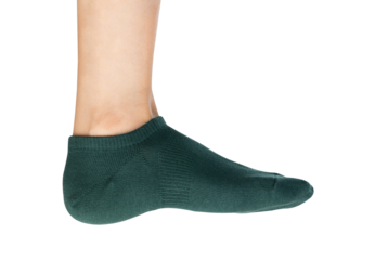 Woman wearing green socks on isolated white background.