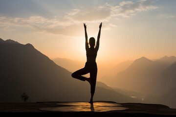 Stunning mountain landscape. beautiful athletic girl finding serenity through yoga at sunset