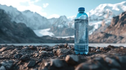 The simple pleasure of a bottle of water amidst the breathtaking scenery of mountain landscapes, providing refreshment during hikes.