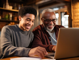Young and elderly senior men using a laptop computer. Happy smiling son and father communication - obrazy, fototapety, plakaty