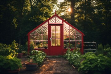 A vintage greenhouse surrounded by nature, fostering plant growth and agriculture in a serene, healthy environment.