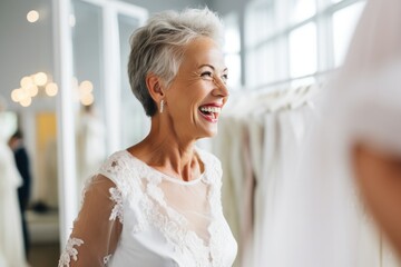 Fototapeta premium A laughing and delighted mature lady exudes confidence in a stylish wedding dress portrait.
