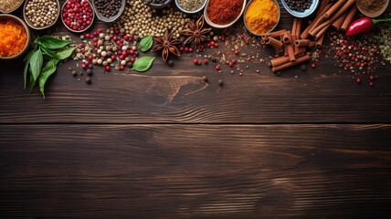 Top view Colorful spices on wooden table Free space for your text