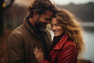 A tender couple embraces in the rain by a lake, smiling with happiness.