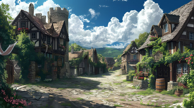 ancient british fantasy village with small house full of leaf and cloudy sky wooden clasic house