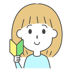 初心者マークを右手に持つ女性　上半身　イラスト