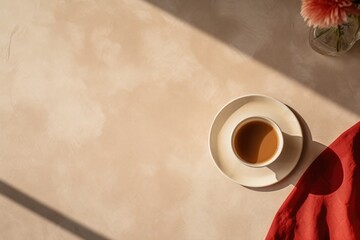 Coffee cup on textured table top background. Overhead view.