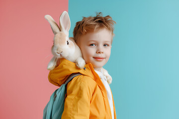 A cute kid with an easter rabbit bunny on his back, easter sale and promotional background for kid e-commerce store and social campaigns - obrazy, fototapety, plakaty