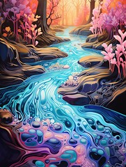 Psychedelic Stream: Abstract Brook Art with Flowing Hallucinations and Rippling Patterns