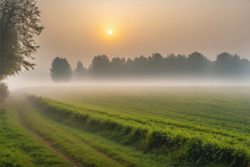 Scenic calm foggy morning in the countryside with weak sunlight