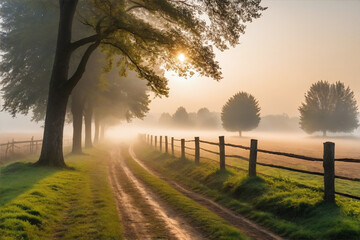 Scenic calm foggy morning in the countryside with weak sunlight