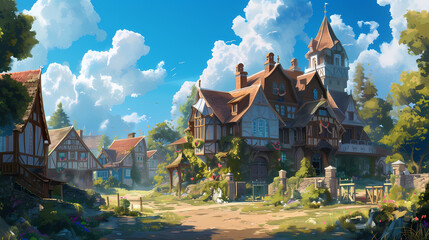 illustration of big rich ancient house in small vilage with bright cloudy sky fantasy cute environment in valentine day