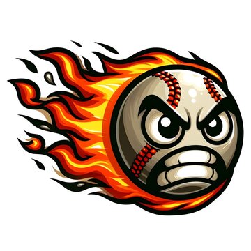 Angry baseball  with flames trailing behind.
