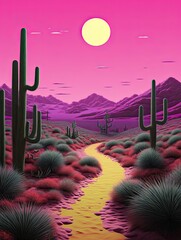 Aesthetic Vaporwave Art: Neon Cacti and Dunes Illuminate the Desert Landscape