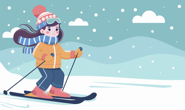 Cute young woman at winter sport activity. Colorful cartoon character skier. Cute style poster with smiling girl skiing. Picture card with ski activity on snowy blue background. Vector illustration