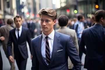 Handsome male model in checked suit walking on the street.Generative AI