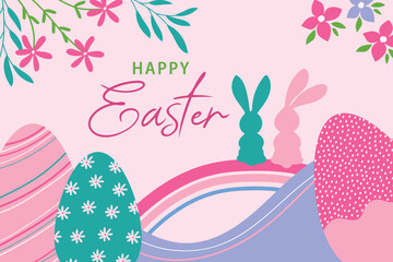 Beautiful Easter card. Happy easter. Easter eggs and Easter bunnies.