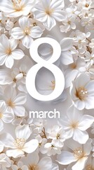 Postcard for March 8, International Women's Day, white number 8 on a background of flowers, illuminated