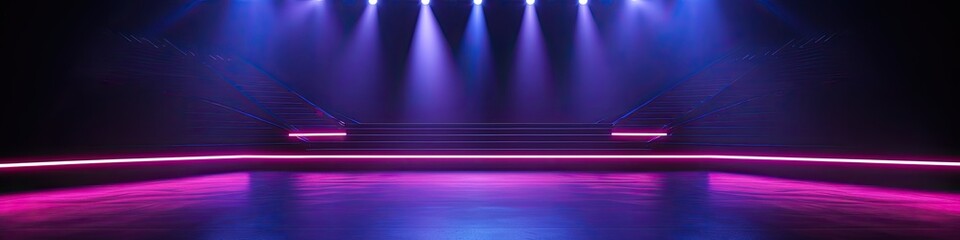The dark stage show empty dark blue purple pink background with a neon light, clear stand - Powered by Adobe