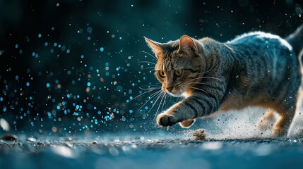 A cat dynamic action, jumping, splashes of dust, nature photography, raking light, blue lights in the background