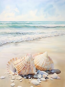 Beach and Seashell Compositions: Tranquil Waves, Nature Artwork & Beach Scene Painting