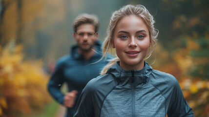 Portrait of a young couple running and exercising in a park outdoors. generative ai