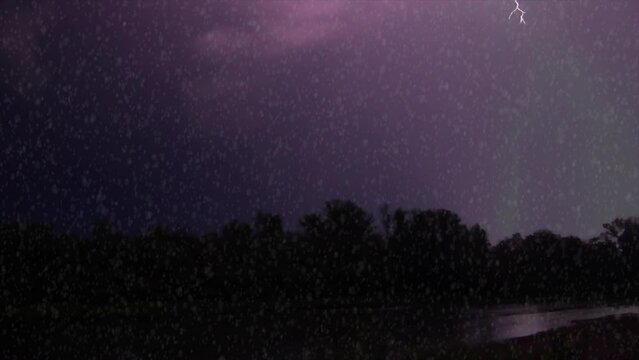 Night storm and great zippers. Heavy rain landscape near river, slow motion 4k