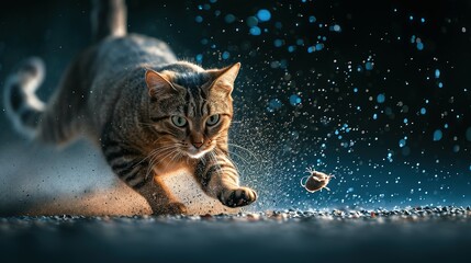 A cat chasing a mice, dynamic action, jumping, splashes of dust, nature photography, raking light, blue lights in the background