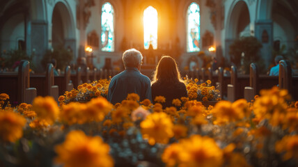 Sad, funeral and flowers with couple and coffin in church for death, respect and mourning. generative ai - obrazy, fototapety, plakaty