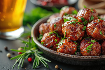 Meat, stewed meatballs sprinkled with herbs on a platter