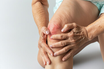 Acute knee pain in an elderly woman, arthrosis bone disease - obrazy, fototapety, plakaty