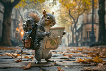A squirrel tourist with a backpack and a map in his hands looks at the route for the trip. - obrazy, fototapety, plakaty