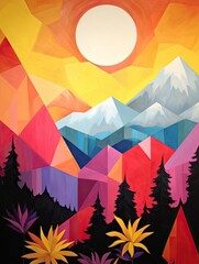 Vibrant Geometric Mural Landscapes: A Fusion of Color, Shape, and Acrylic Art