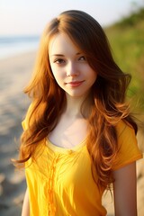 Fototapeta premium Serene girl gracefully walking along the beautiful sandy beach in vertical photography
