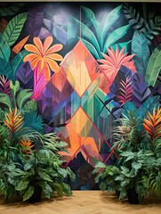 Obraz na płótnie Canvas Colorful Geometric Murals: Vibrant Jungle Landscape with Intricate Rainforest Patterns