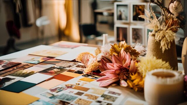 Closeup of a mood board featuring a mix of textures, colors, and patterns, offering a glimpse into a designers creative process.
