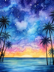 Fototapeta na wymiar Cosmic Galaxy Watercolors Tropical Beach Art: Stars Over Beach Splendor